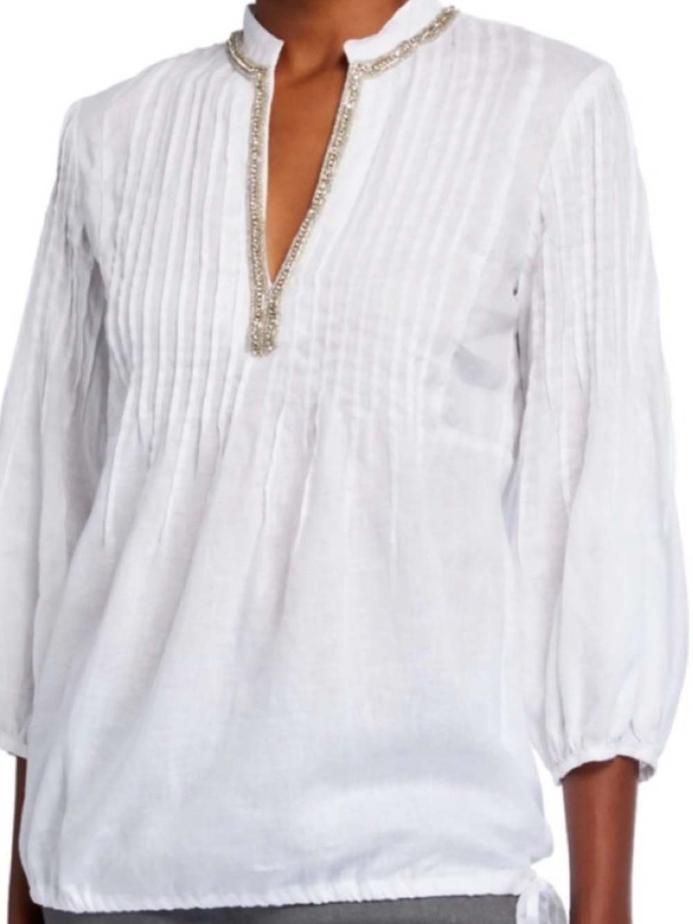 120% Lino Womens Ivory Linen Beaded Vneck Tunic Top Sz 8 Boho